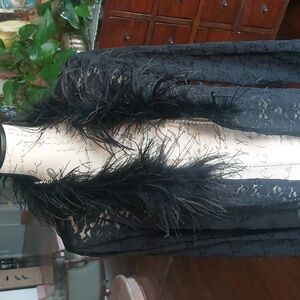 Vintage 90s Goth feather trim lace cardigan maxi duster Sz XXL